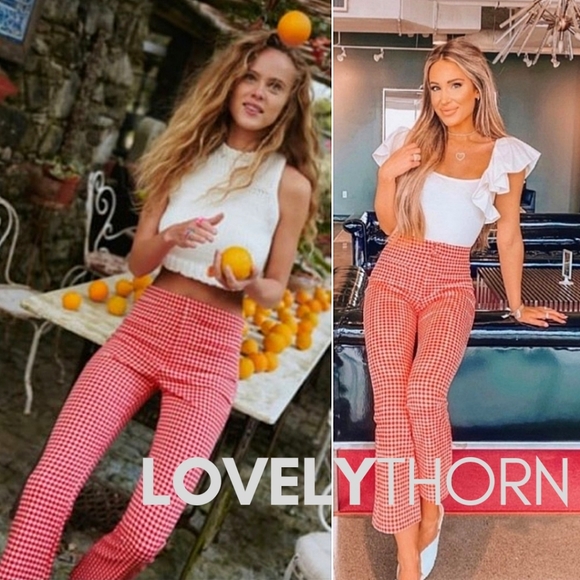 ZARA // red & white textured gingam hi waist crop mini flare pants - Picture 8 of 14